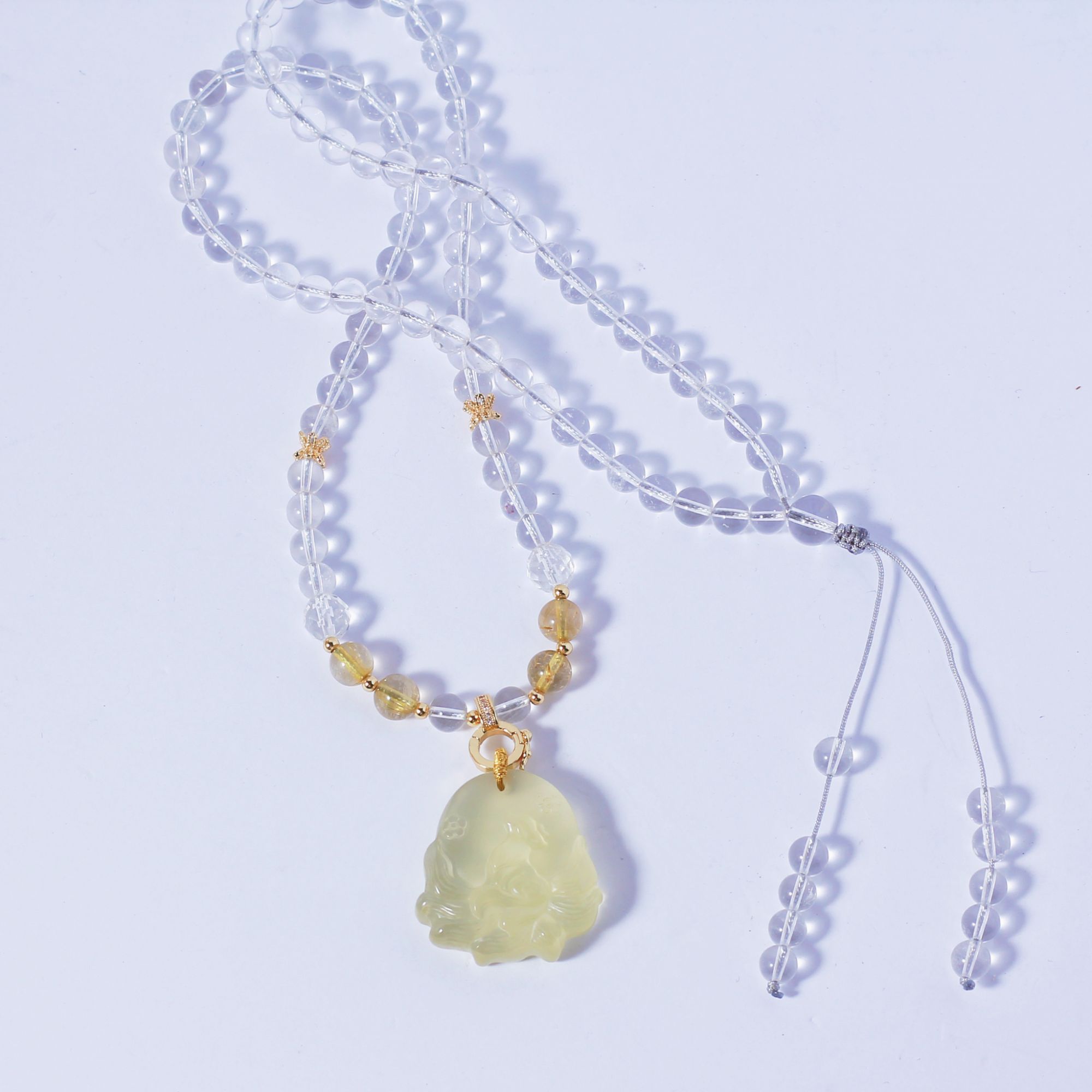 天然黄水晶望月狐6mm白水晶金发晶项链 雕刻精美气质