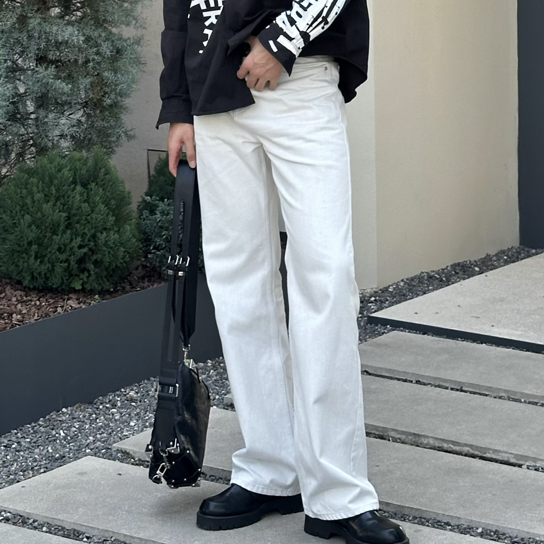 「蓝淬骨白牛」一米九高个子男加长直筒质感双色纱白色牛仔休闲裤