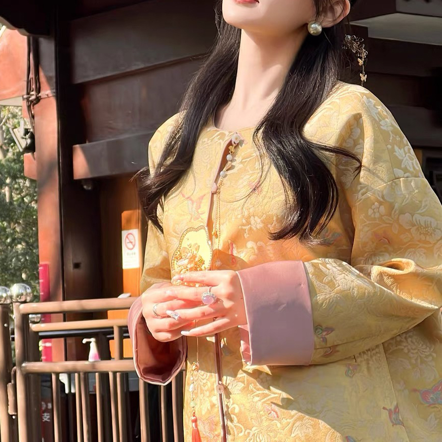 深圳南油【凤冠芳华】新宋锦新中式蝴蝶花纹提花撞色国风上衣外套春