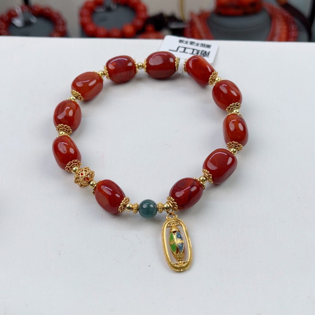 南红玛瑙瓦西牛血红随形单圈10-11mm银S925镶嵌