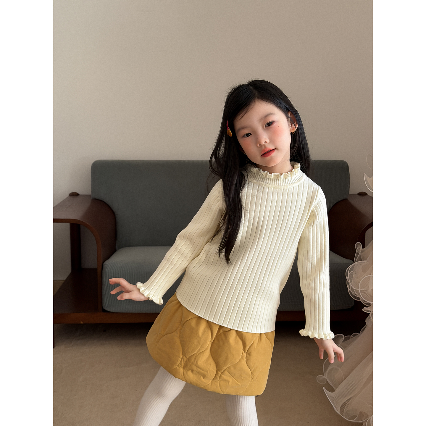 Harper kids韩版女童秋冬百搭木耳边针织打底衫 H25D061122