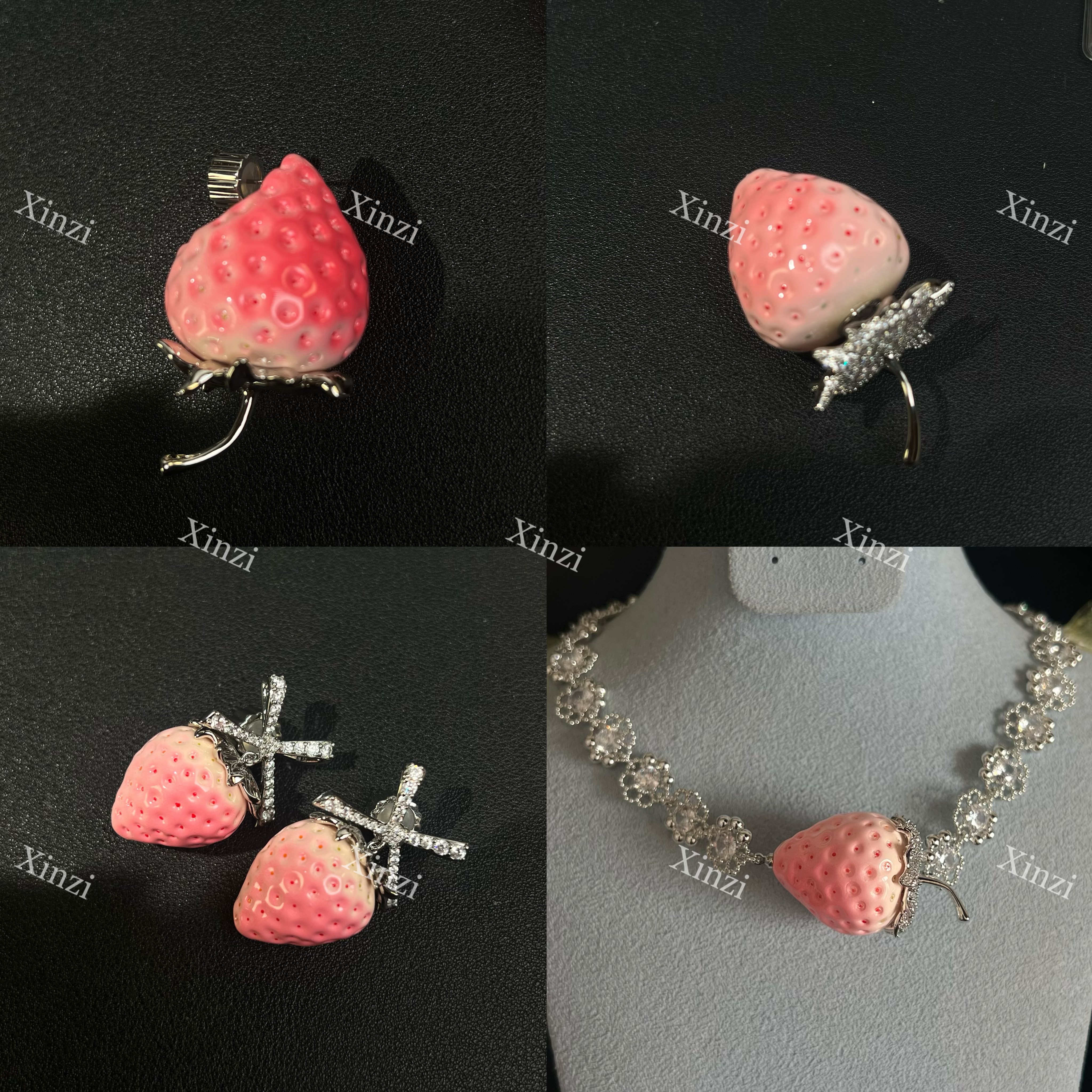 铜合金合成锆石项链 渐变色草莓珠珠项链可爱粉色小众清新甜美