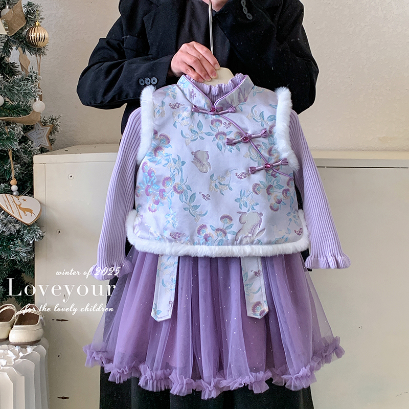 秋冬"江烟泠"女童针织打底+国风夹棉马甲+加绒半身裙套A35173