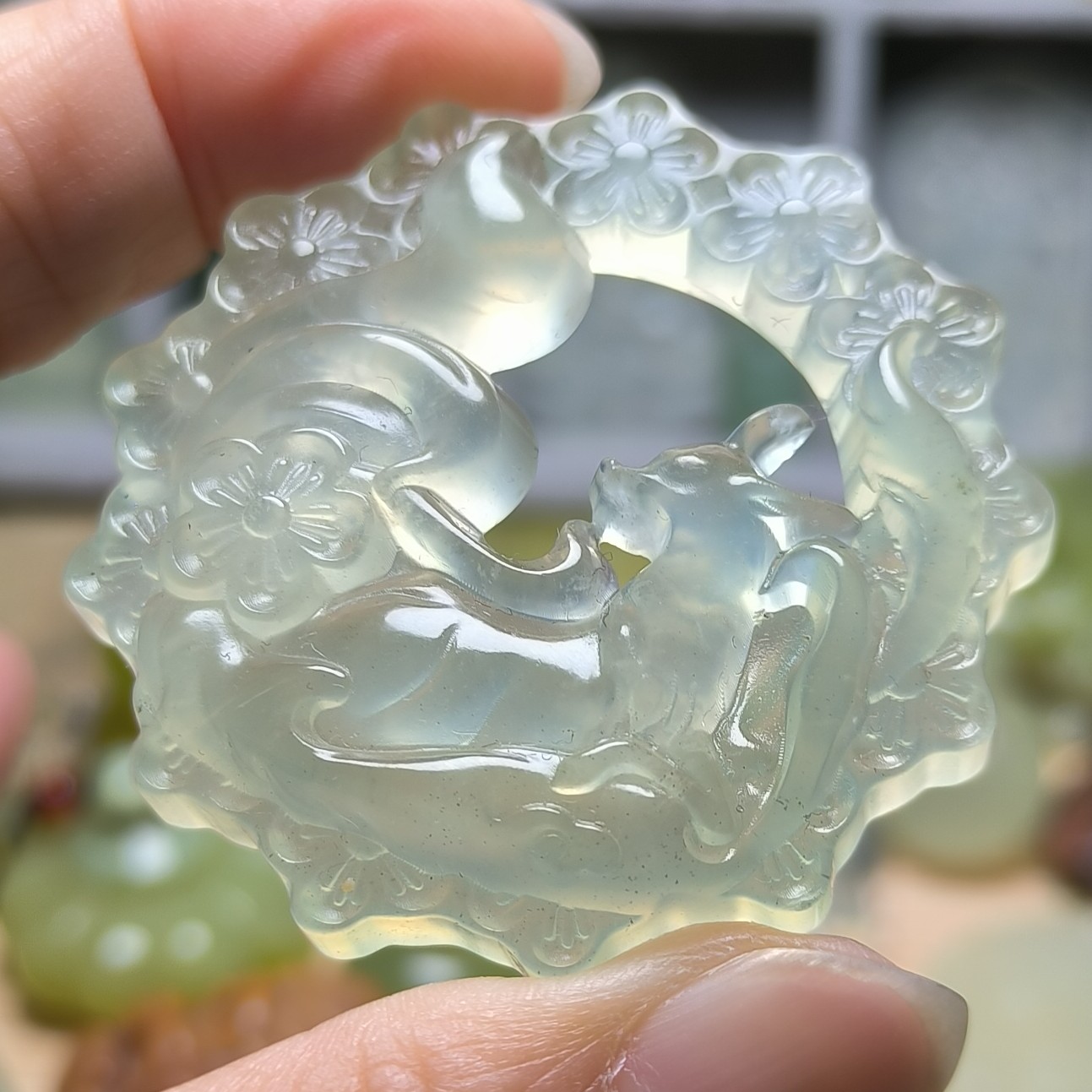 天然岫玉高冰凤九吊坠国风花环九尾狐吊坠（多样性发其一）
