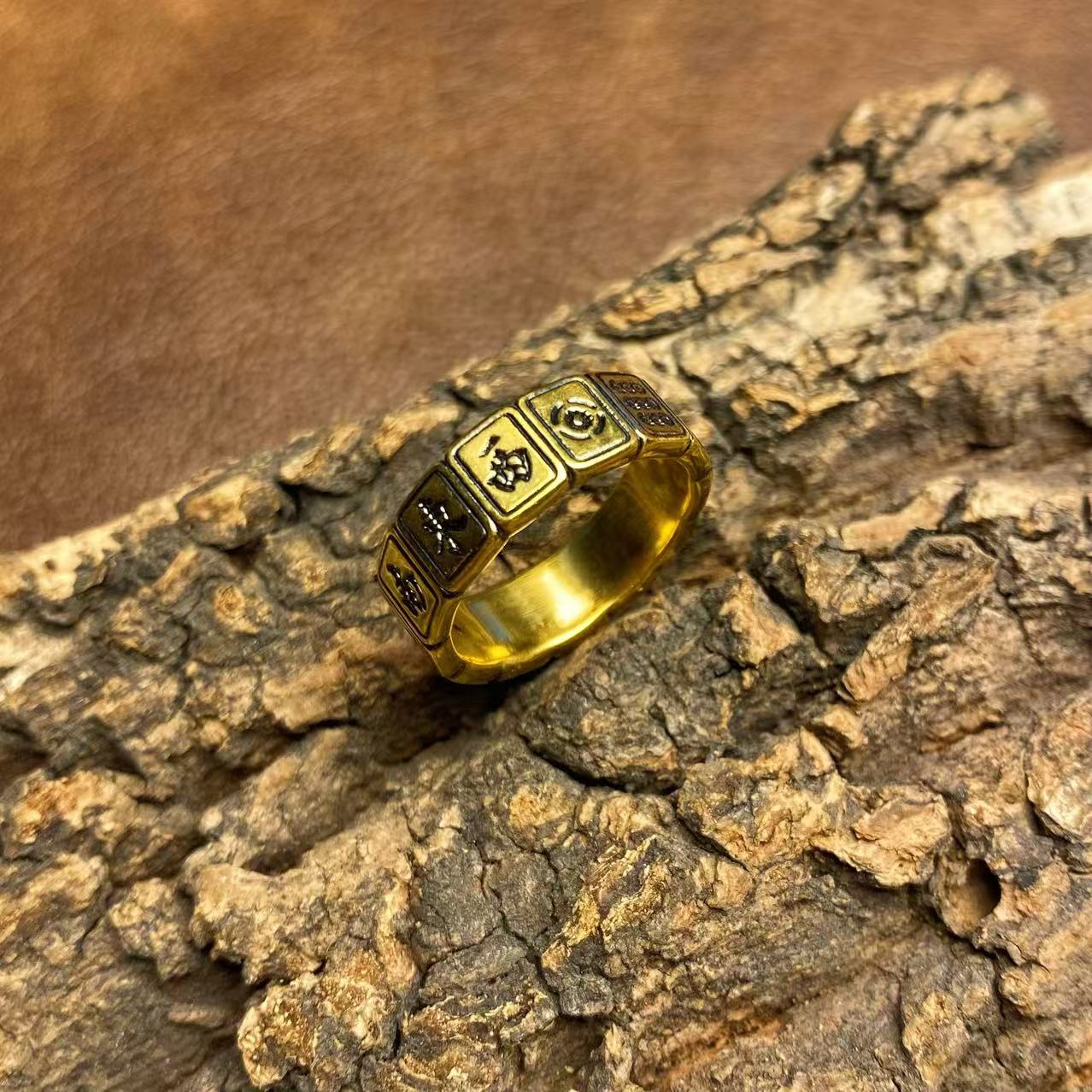 伊芙琳电黑金黄金足金复古十三幺男女通戴麻将戒指（卡码往大拍）