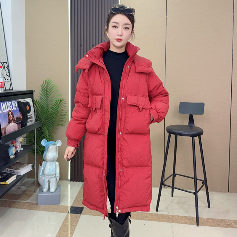 2025中长款羽绒服时尚简约宽松休闲百搭女士立领连帽显瘦韩版加厚
