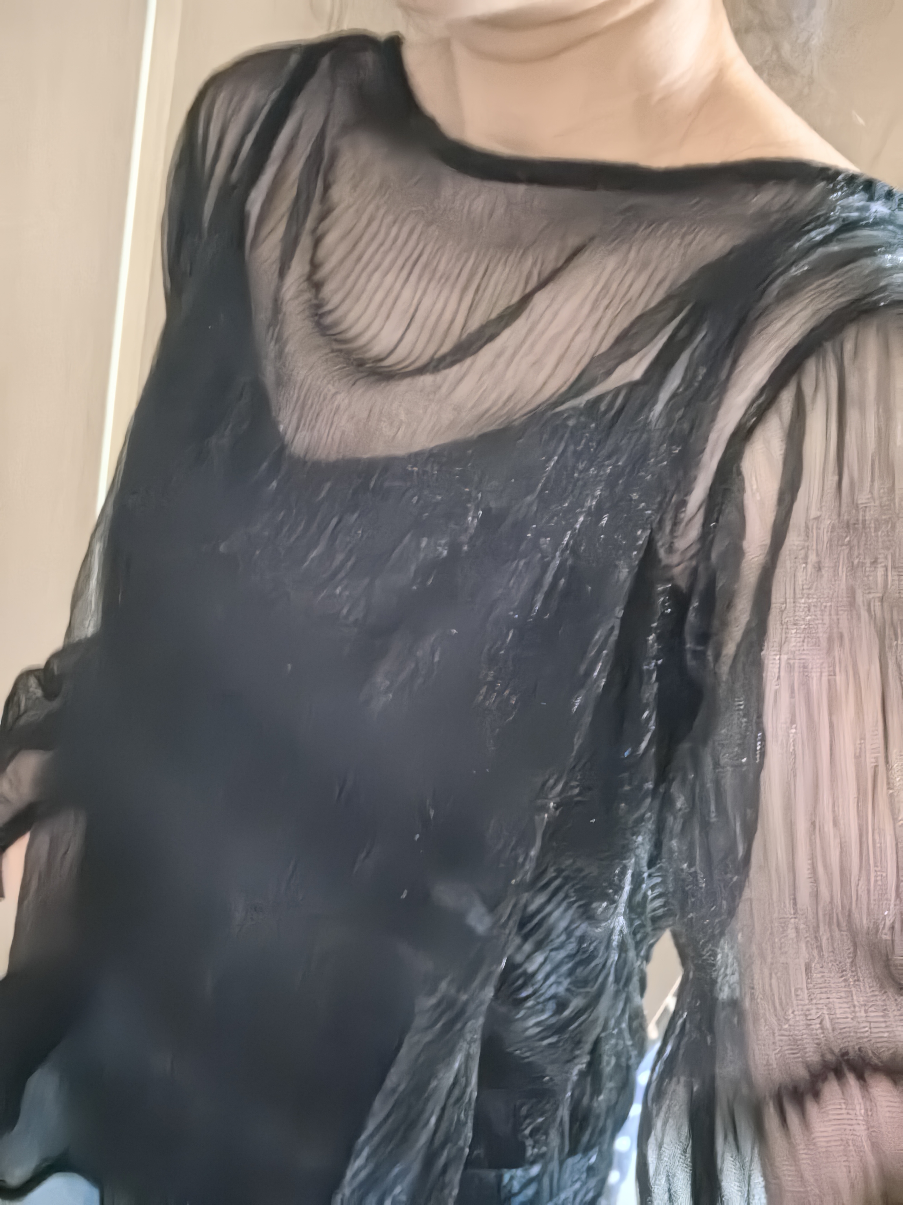 黑色透视装2件套女宽松慵懒微透长袖复古亮丝网纱罩衫外披蕾丝
