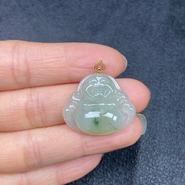 18k扣头精美飘花佛公吊坠缅甸天然翡翠a货26.2×22.4×5.7mm