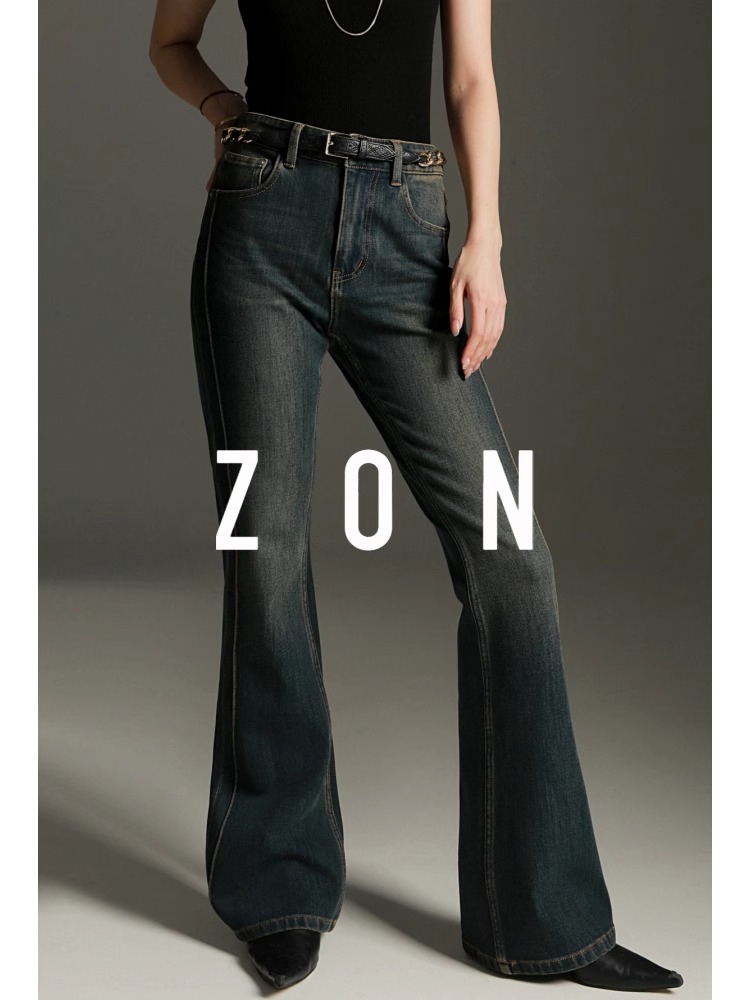 ZON-复古明线设计做旧牛仔裤女港风时尚显瘦微喇牛仔裤PI24K248