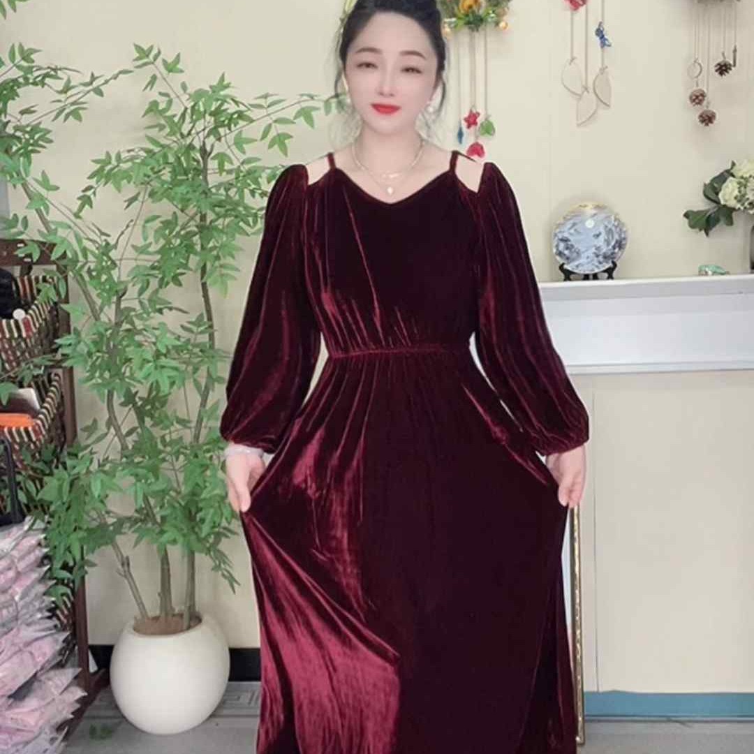 漏肩裙子新时尚定制面膜丝绒夏修身连衣裙黑色松紧腰长袖连衣裙法