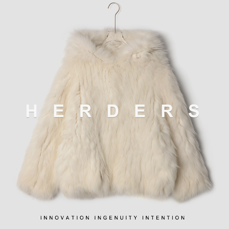 HERDERS 短款连帽狐狸毛编织皮草外套 247319