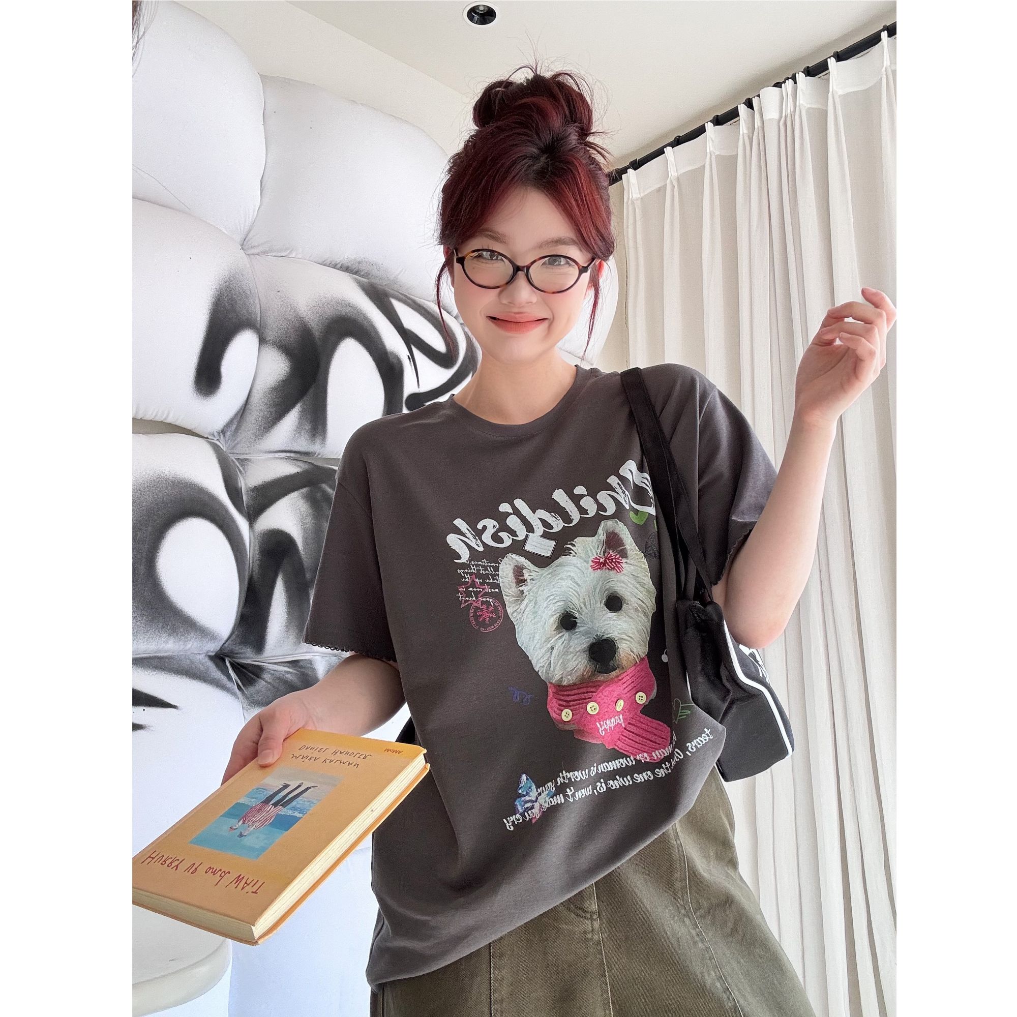 晶咕【挚爱小狗T】胸前字母小狗图案宽松大版短袖T恤上衣