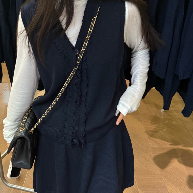 秋季V领藏蓝色针织学院风显瘦百搭时尚气质套装