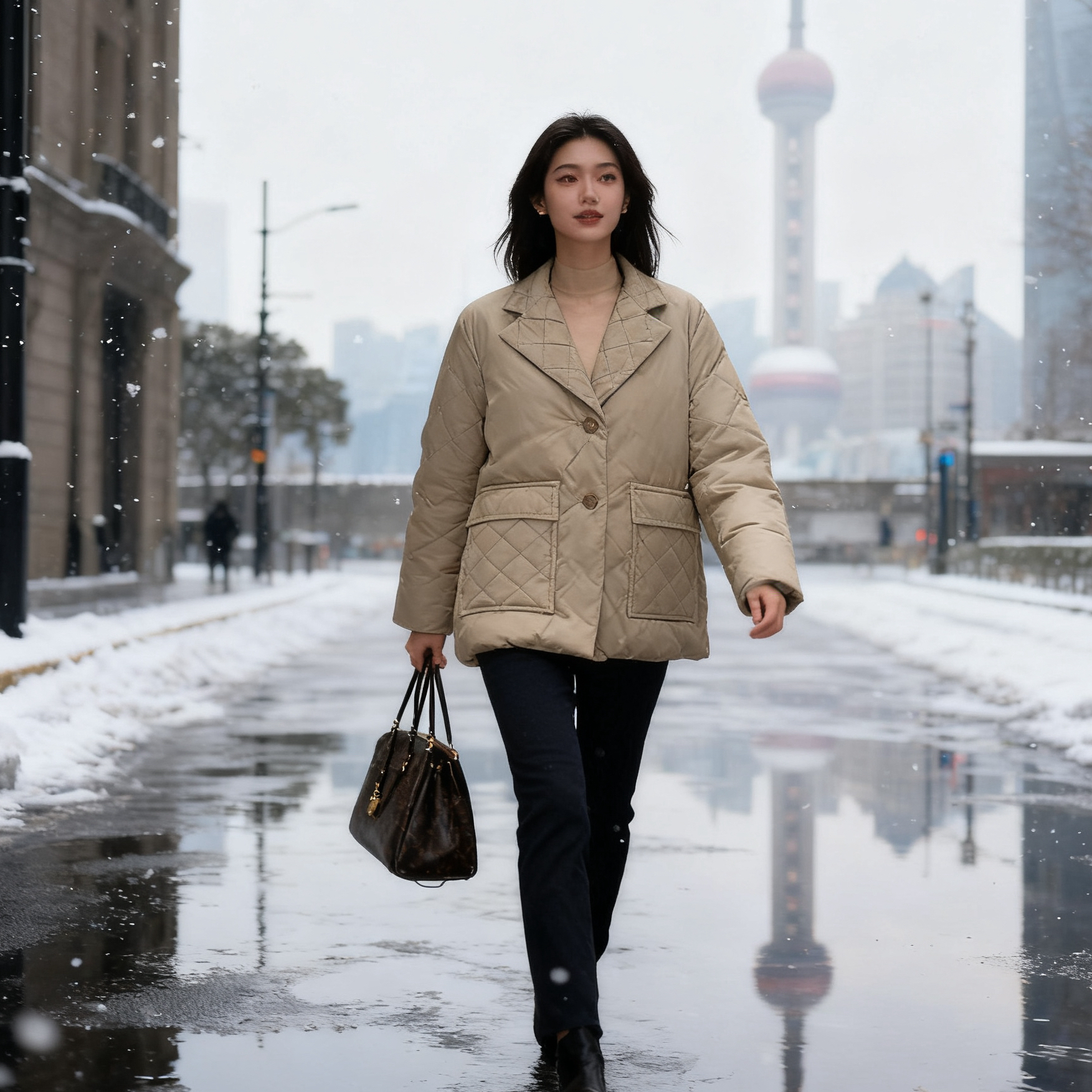 地家（DA）时尚菱形格西装领鸭绒休闲百搭撤柜剪标羽绒外套3E4K3461