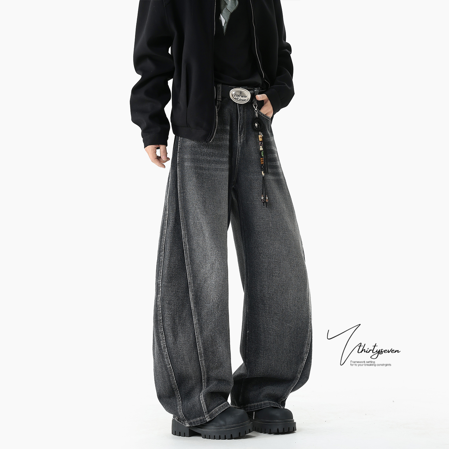 V37美式复古水基础款牛仔裤男秋冬cleanfit宽松休闲情侣阔腿裤