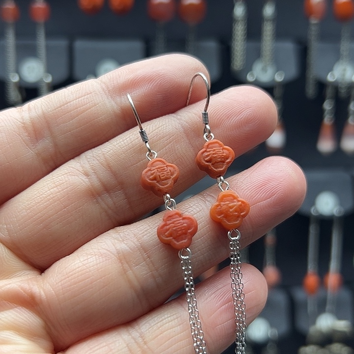 南红玛瑙耳饰银S925镶嵌