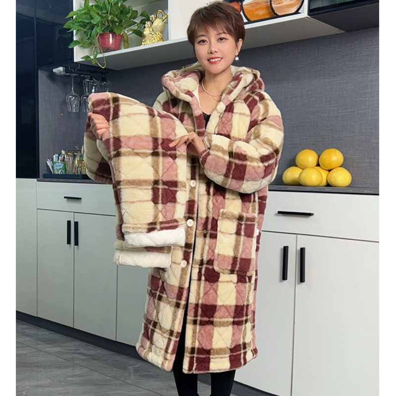 【睡衣套装】特厚冬季宽松睡衣加绒加厚家居服长袍睡衣套装女家居服