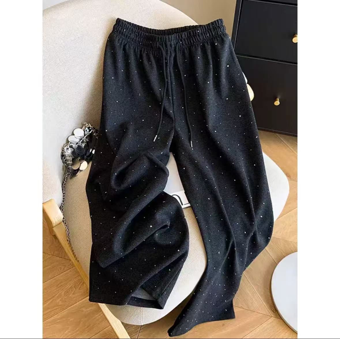 加绒加厚秋季新款百搭时尚垂度感显瘦烫钻高腰垂感休闲裤女1051