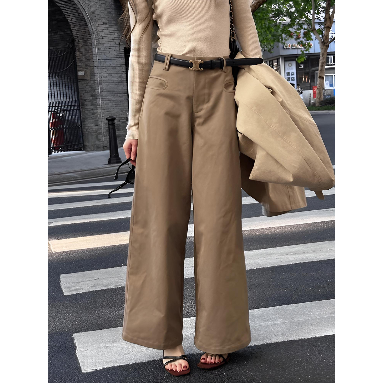 韩系卡其色高腰阔腿休闲裤女夏季新款百搭宽松显瘦直筒拖地长裤子