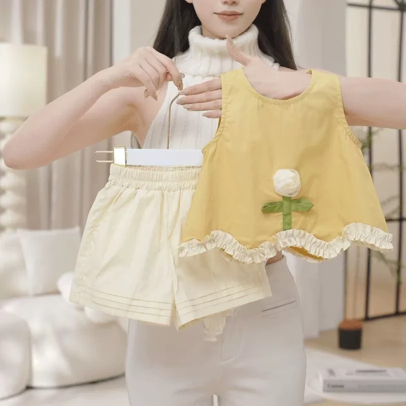 女童洋气荷叶边无袖拼接花朵上衣短裤套装2025夏季女宝纯棉新款