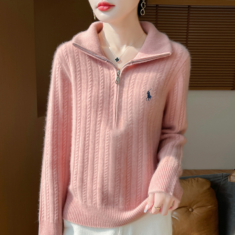 设计感满满~100纯羊毛衫七针加厚半拉链立领女百搭针织套头打底衫