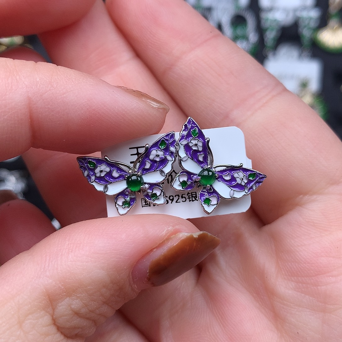 翡翠银S925镀金镶嵌耳饰