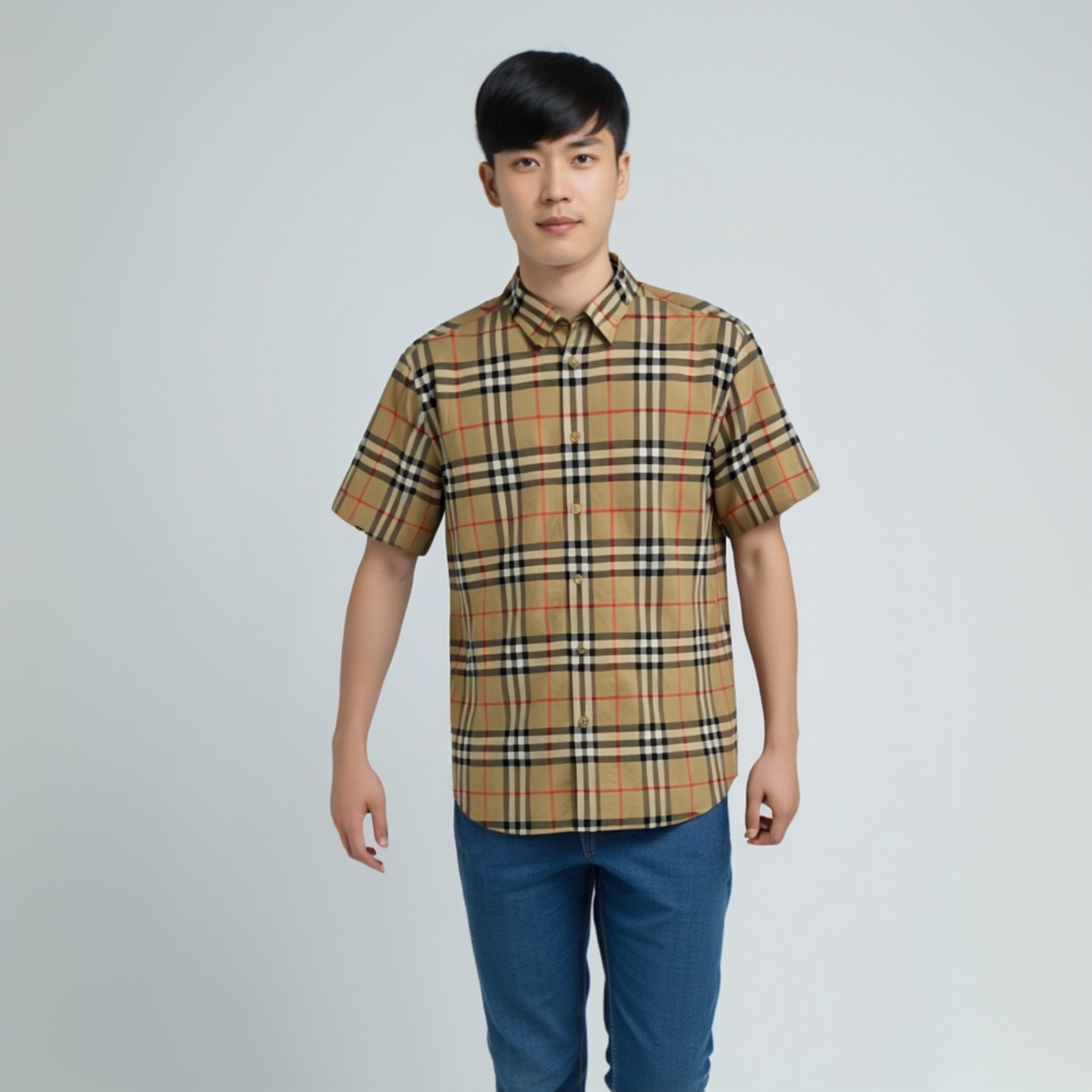 未使用 BURBERRY/博柏利 MXCC 中格纹衬衫短袖 卡其色 XS-XL