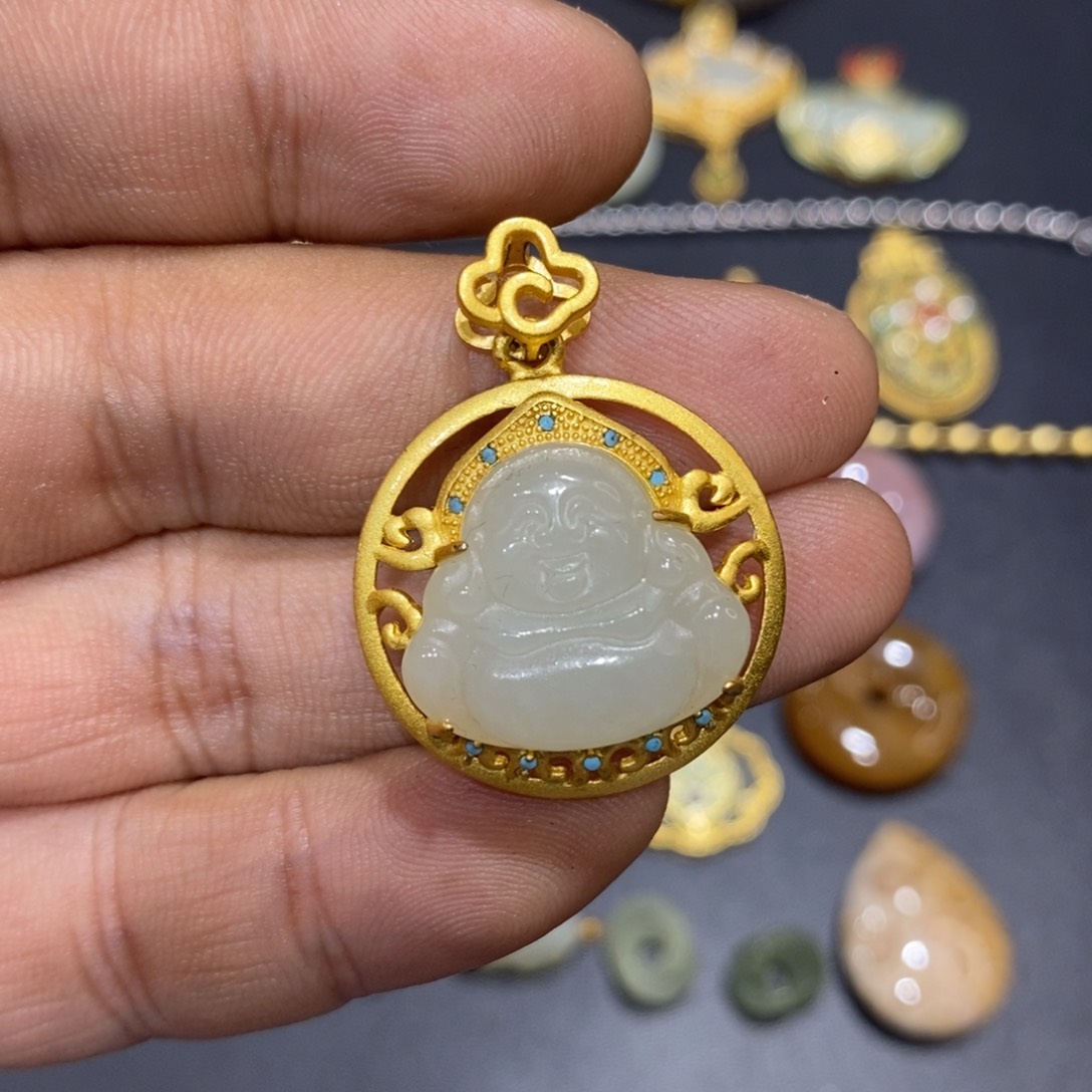 和田玉颈饰银S925镀金镶嵌