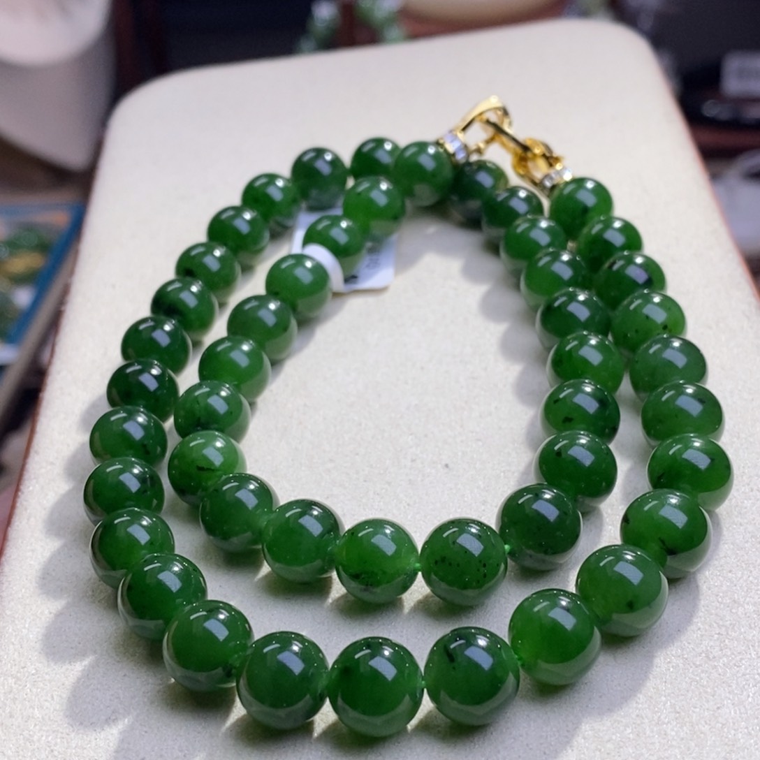 和田玉碧玉银镶妈妈链9.6MM未镶嵌