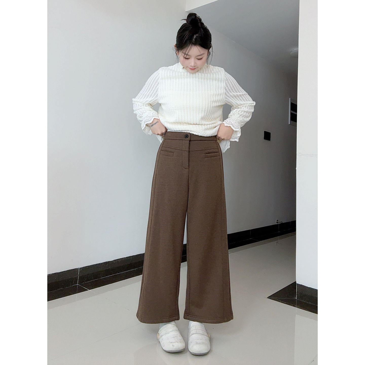 【温茉】大码女装2025秋冬绵羊毛厚款加绒高腰休闲阔腿裤-433848