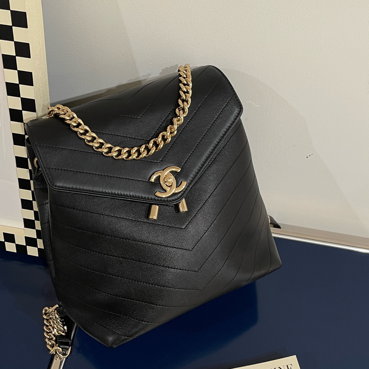 95新 Chanel/香奈儿 Chanel黑金v纹牛皮双肩｜2206