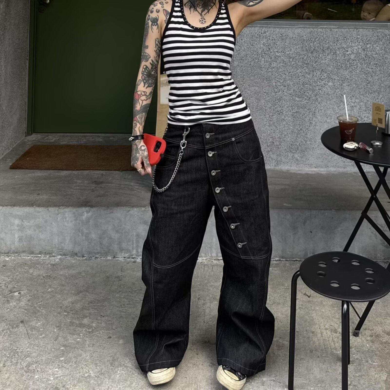 美式复古设计感弯曲长排扣baggy廓形丹宁原牛弯刀牛仔裤男女