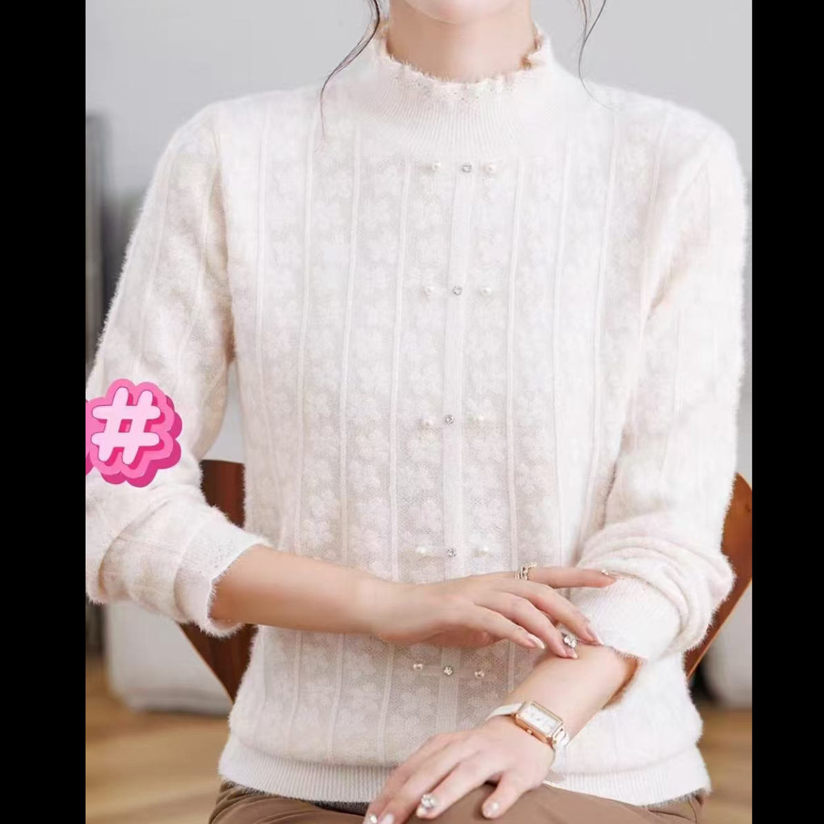 1801#-1(衣长 约58)秋冬新款半高领蕾丝针织打底衫女