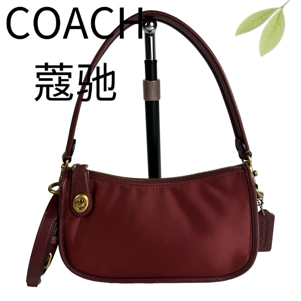 99新 COACH/蔻驰 酒红降落伞拼皮单肩斜挎包G25116769底长23X13