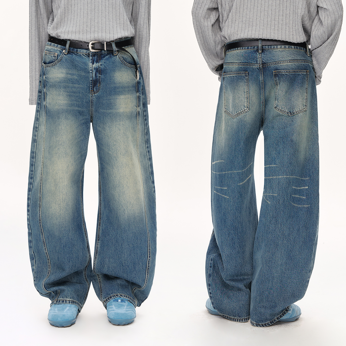 CLIMAX VISION立体剪裁重工水洗做旧复古立体弯刀牛仔裤长裤男