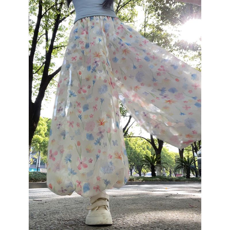宽松半裙裙子碎花画报花苞裙裤女夏季美丽新款腰清新显瘦字半身