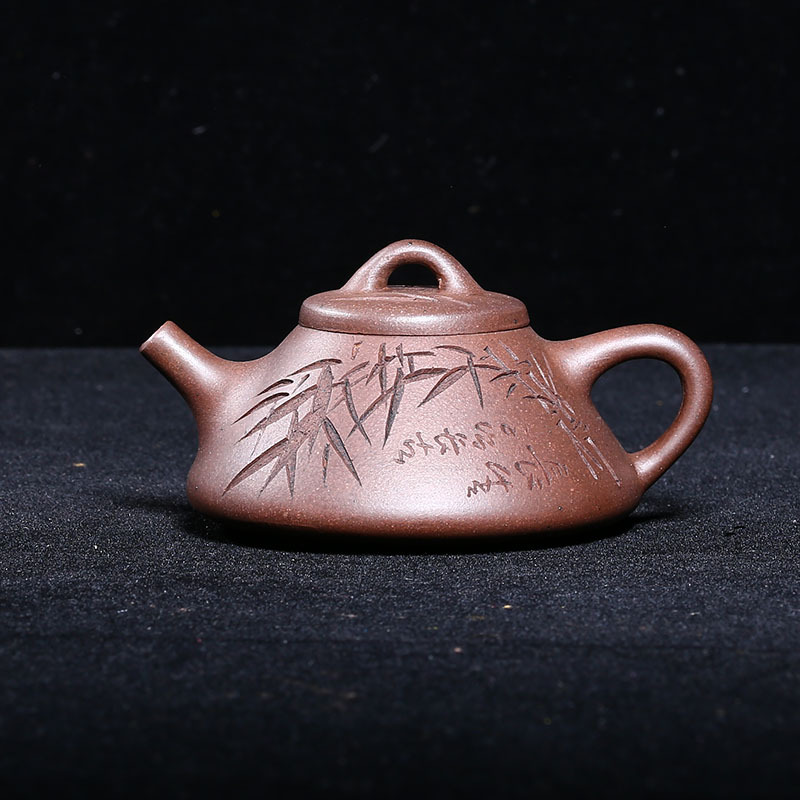 老紫砂壶王东石天青泥独孔200c刻绘子冶石瓢壶