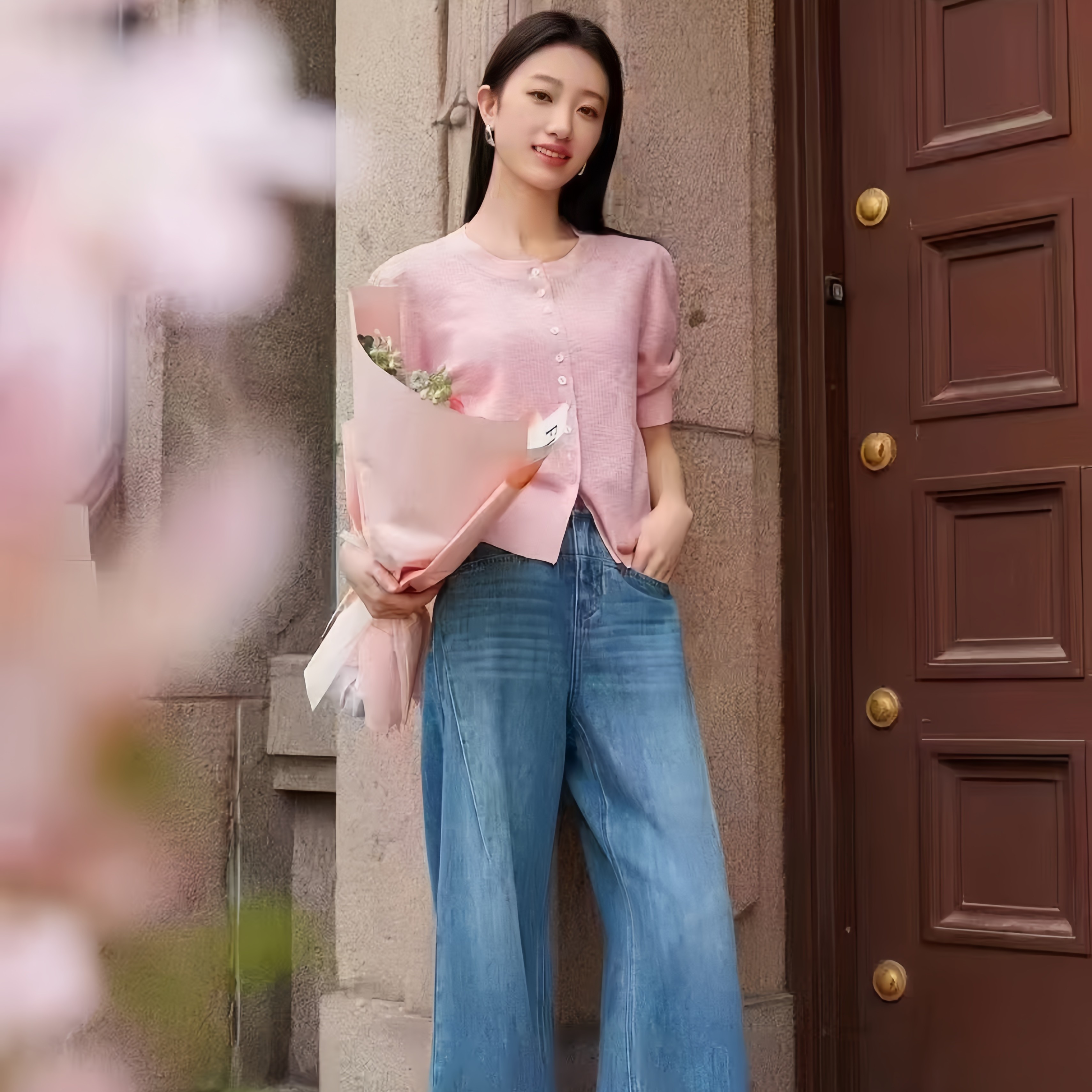紫色渐变阔腿显瘦直筒牛仔裤女春秋款垂感宽松N30434