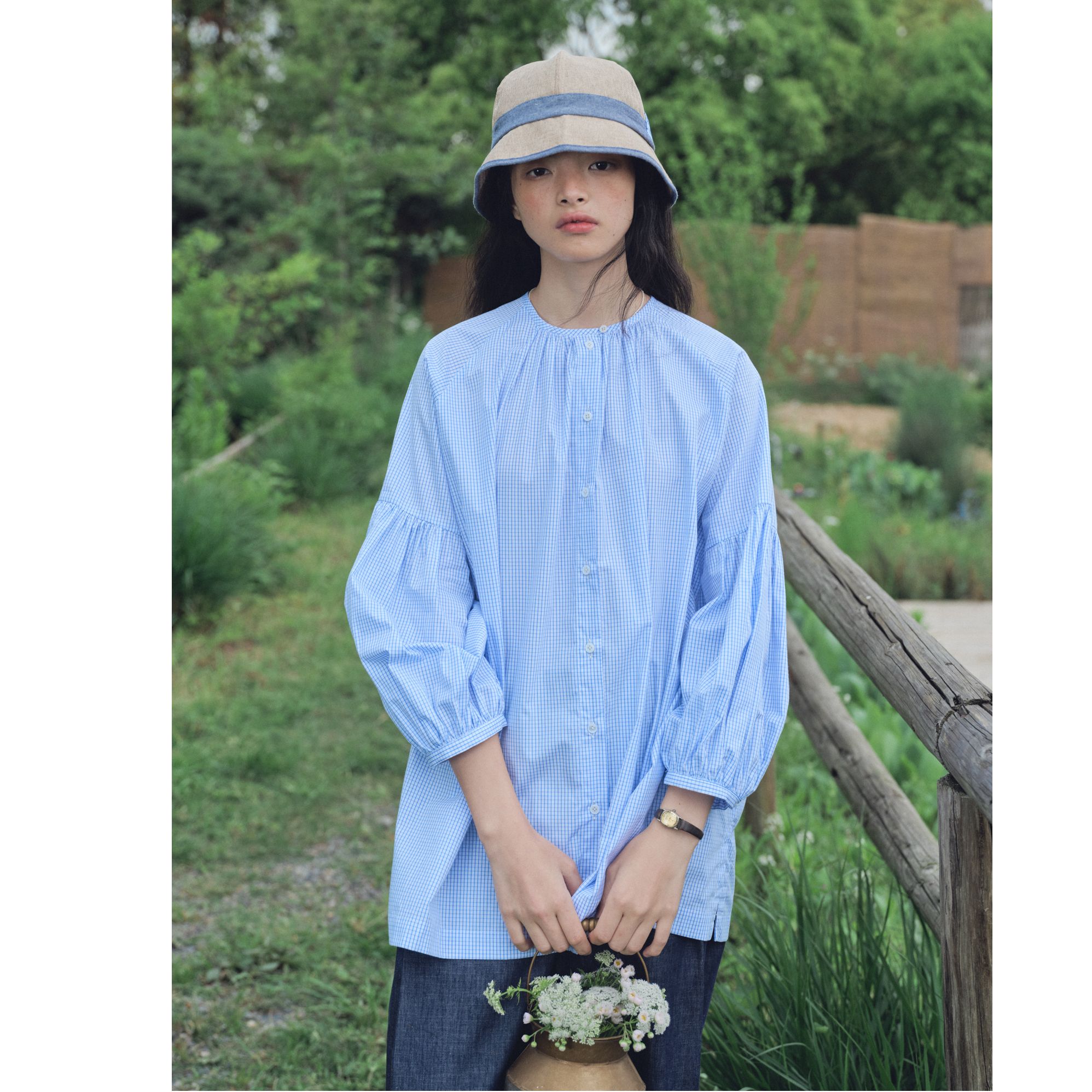 women stars birds极简伞袖圆领衬衣舒适纯棉宽松衬衫女