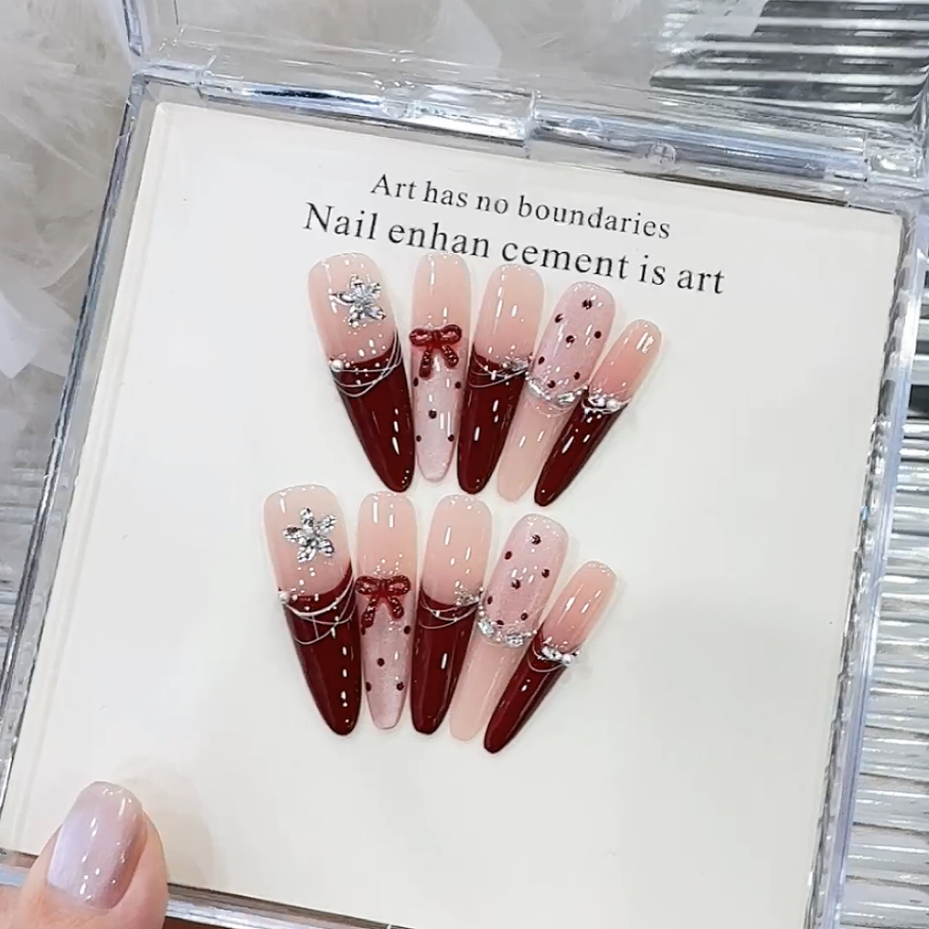 【芭蕾舞曲】纯手工美甲穿戴甲浪漫安可拉红法式渐变猫眼蝴蝶结波点