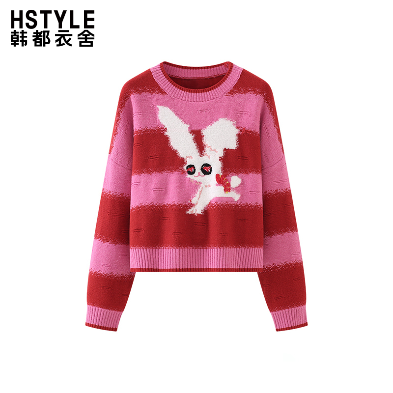 韩都衣舍撞色晕染宽条纹兔子毛衣女春圆领套头针织衫上衣