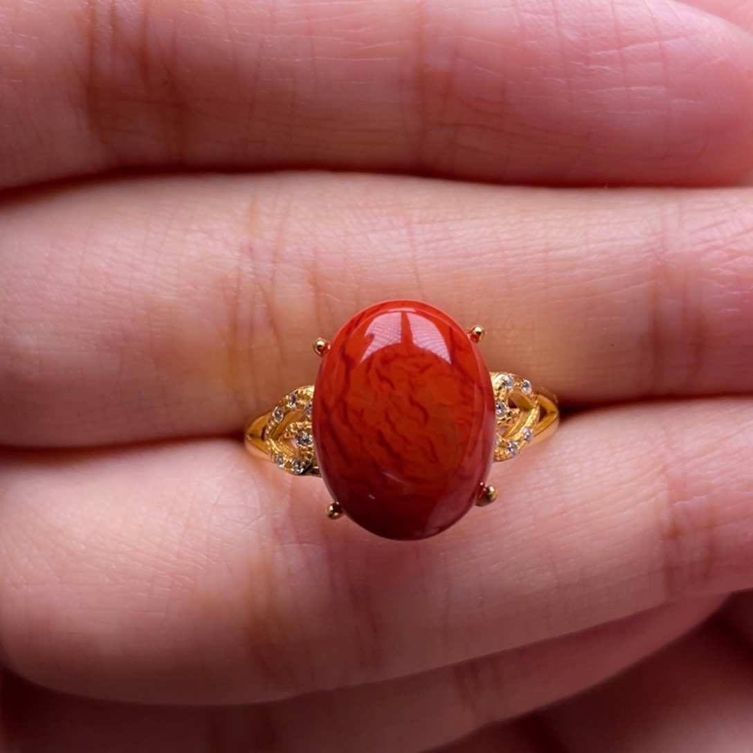 南红玛瑙银S925镶嵌珠宝奇石女戒