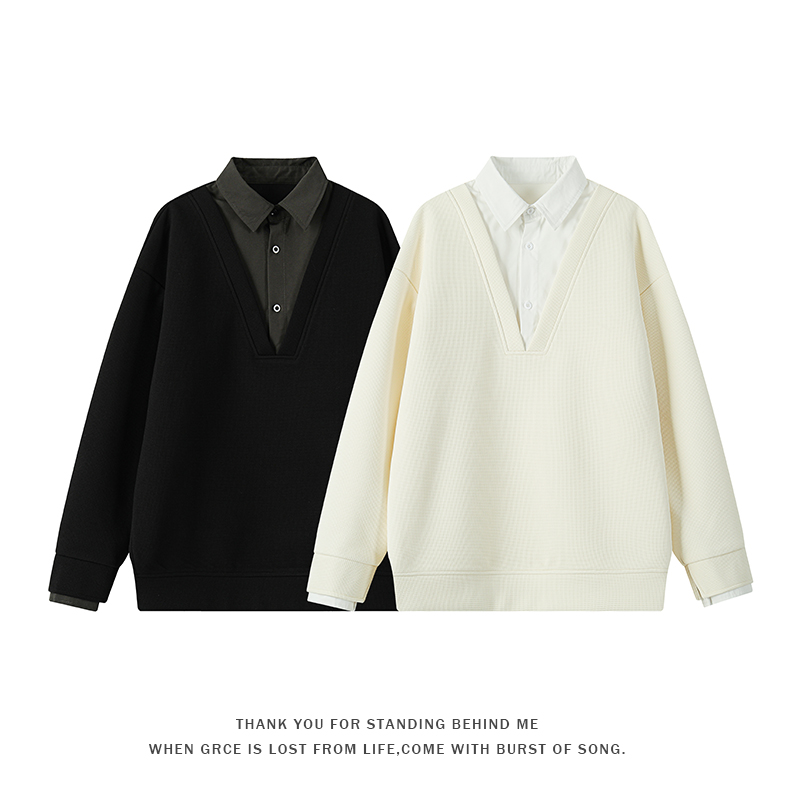 假两件翻领卫衣男青少年2025春秋季初高中学生衬衫领潮流帅气上衣