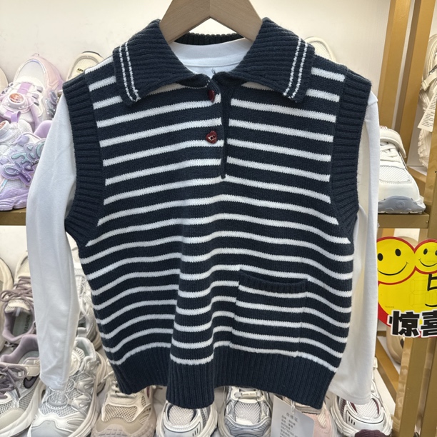 中大童年秋季新款休闲套头毛衣马甲两件套条纹时尚韩版百搭洋气