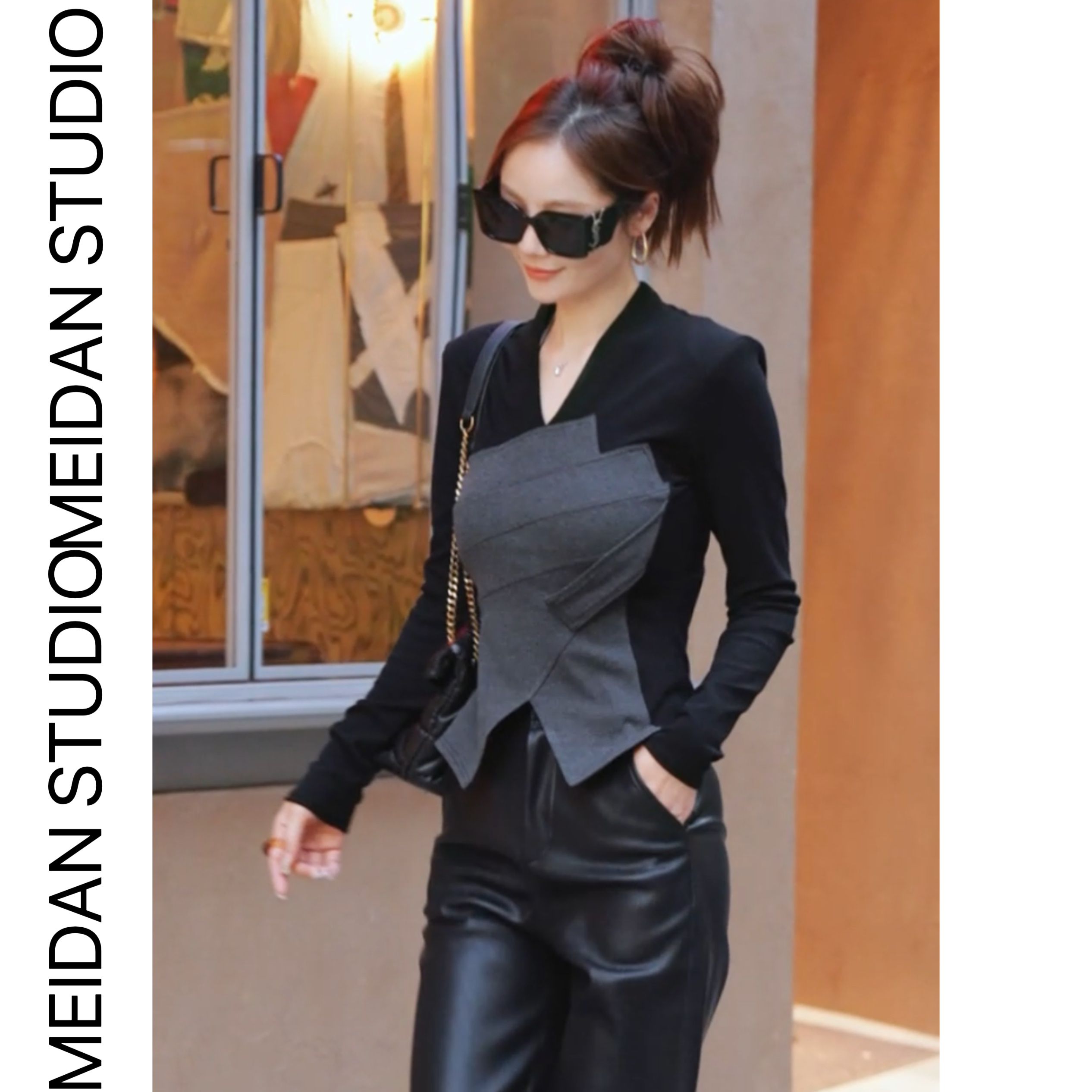 【罗马之约】秋冬款显瘦弹力V领时尚气质拼接加绒打底T恤