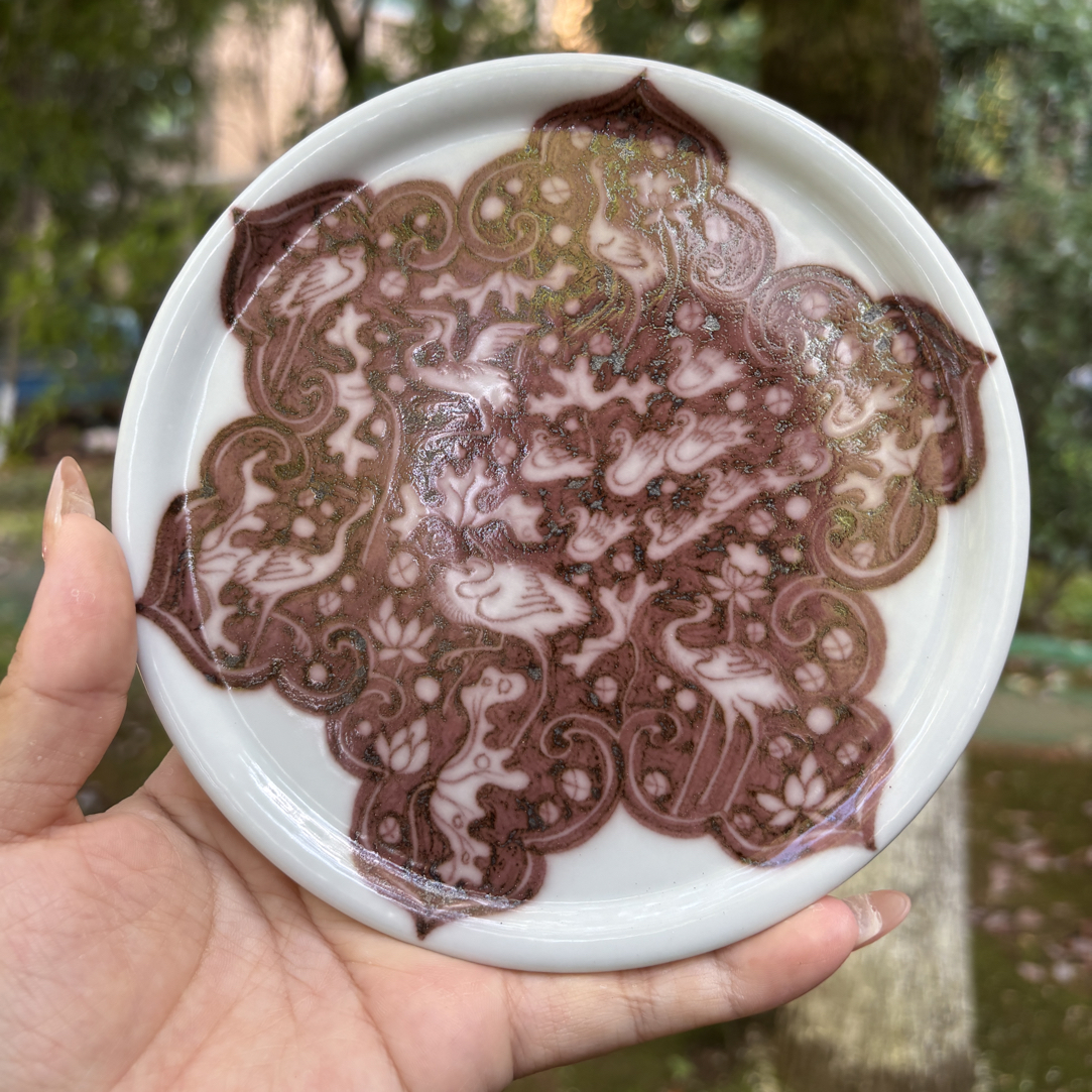 幽蓝溪堂 景德镇陶瓷手工手绘 釉里红 群路杯垫 直径15