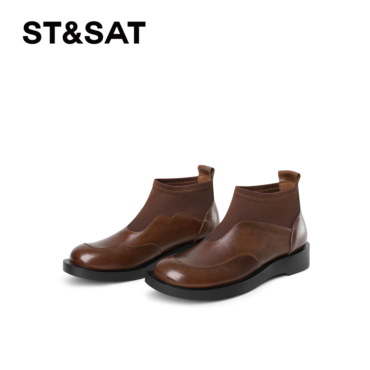 St&Sat/星期六复古舒适短靴英伦风厚底靴子百搭圆头简约时装靴