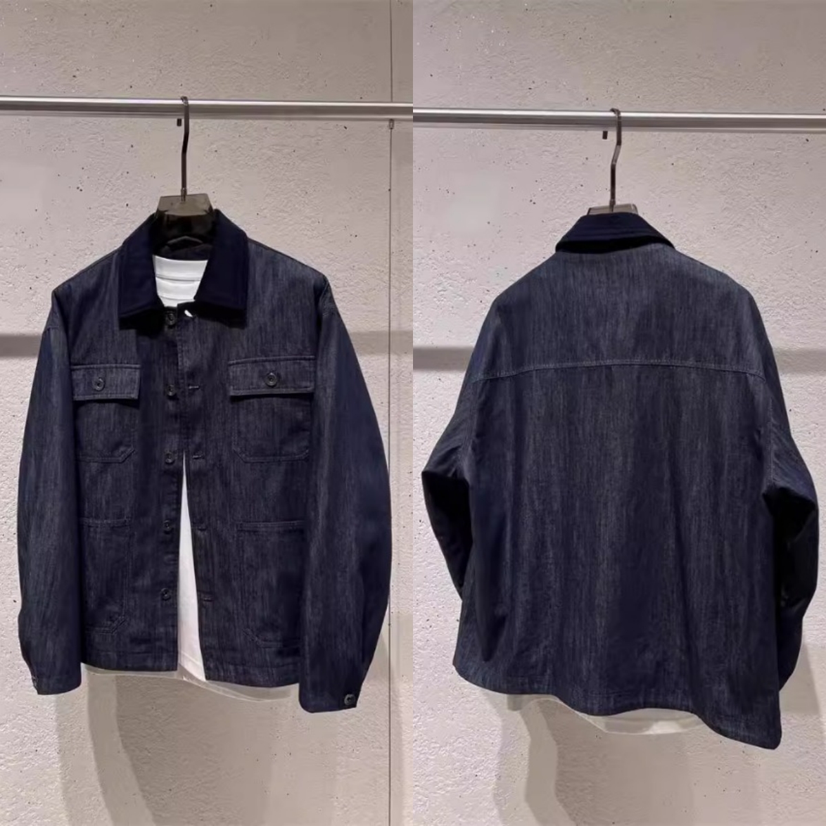 春季美式复古工装拼接灯芯绒领宽松廓形大口袋情侣款牛仔夹克外套