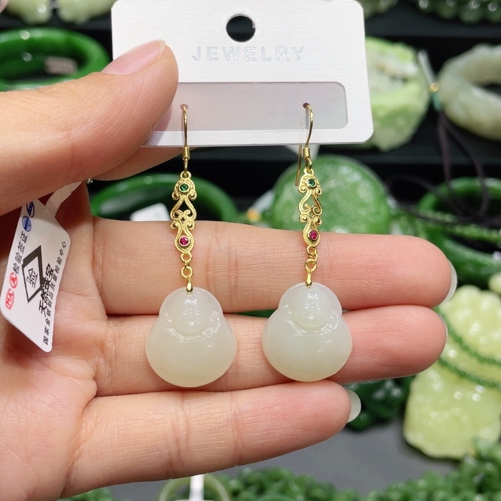 和田玉耳饰银S925镶嵌