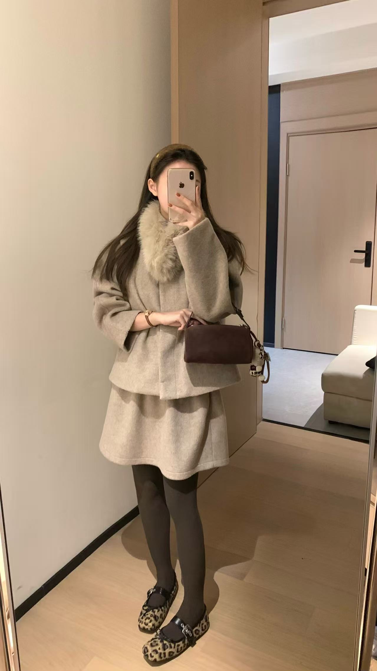 韩11小香风围脖套装女气质高级感夹棉毛呢外套高腰a字短裙两件套